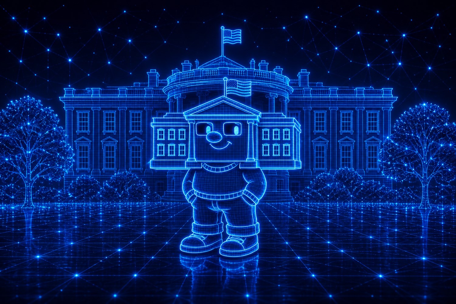 The Crypto House mascot on the holographic South Lawn