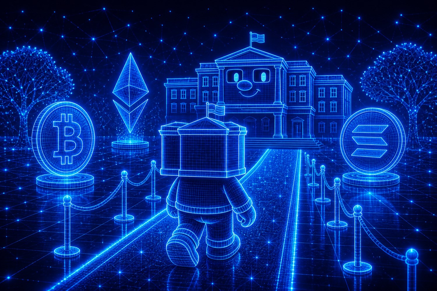 Mascot walking a neon carpet toward the holographic White House