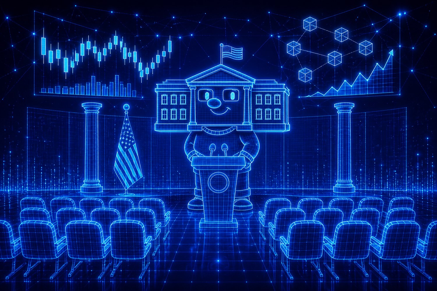 Press room with holographic market charts