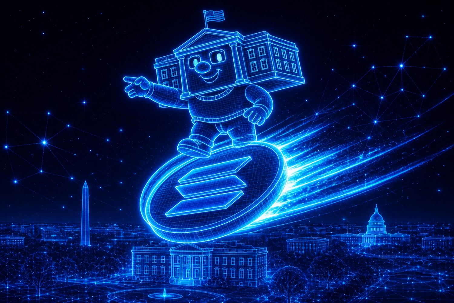 Mascot riding a glowing Solana coin over the skyline