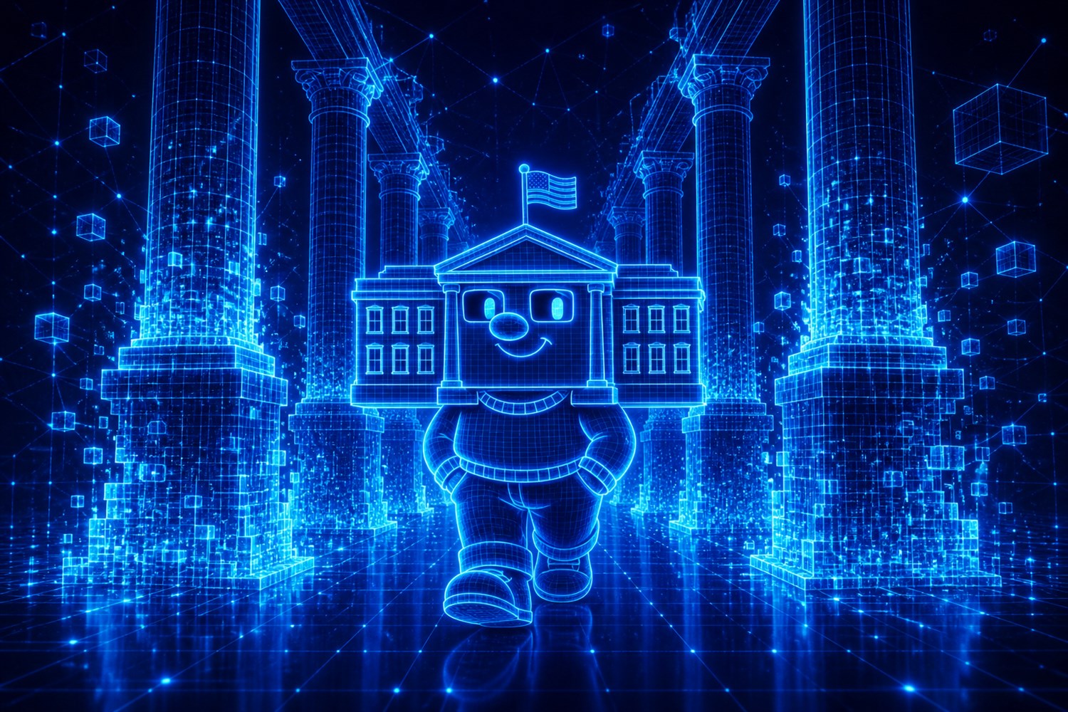 Marble columns dissolving into a blockchain lattice