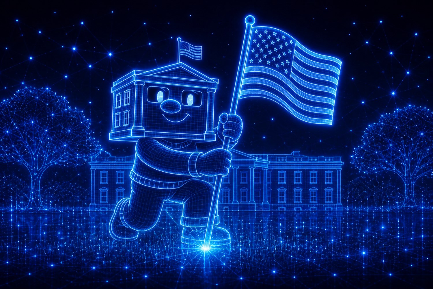 Mascot planting a holographic flag on the lawn